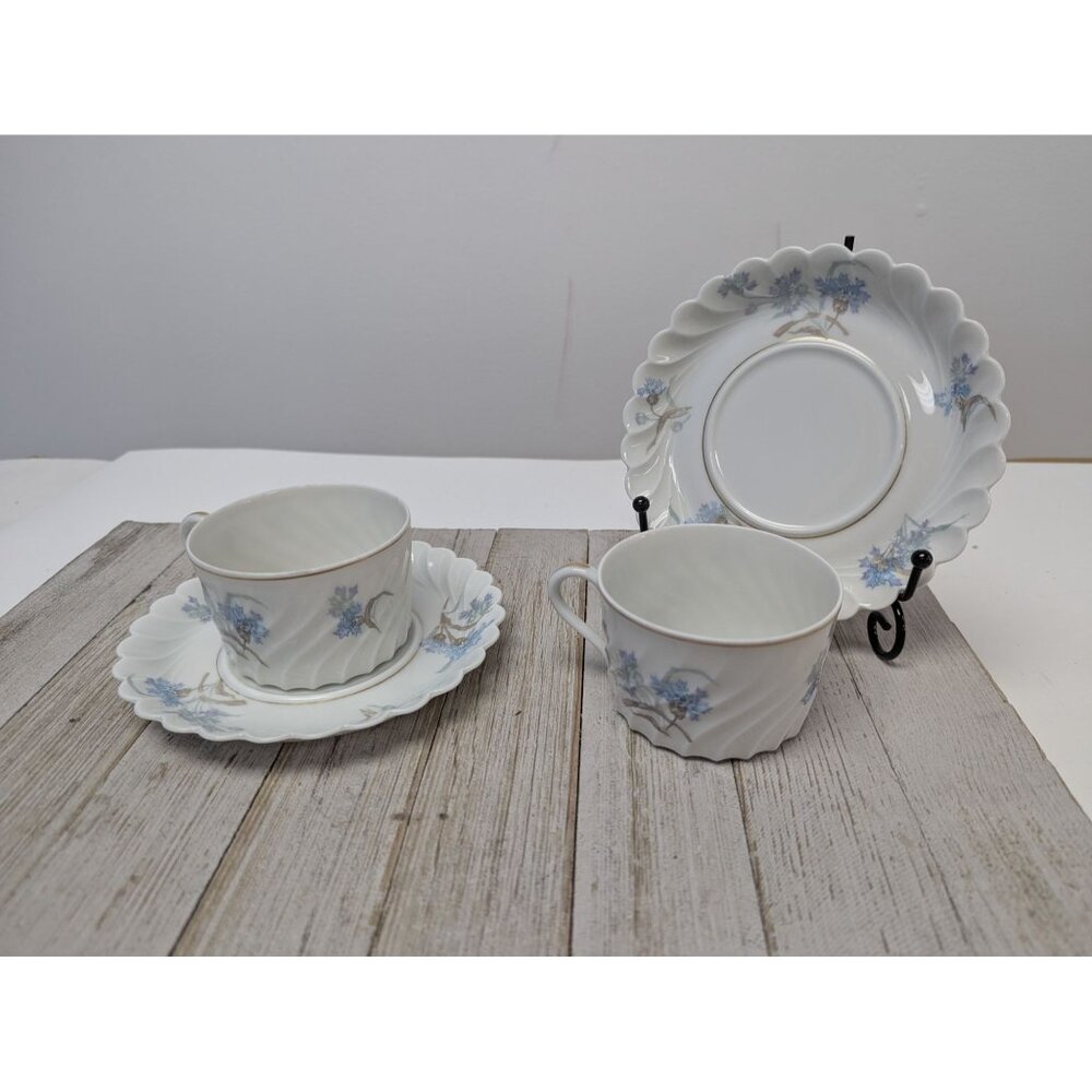 Haviland Limoges Bergere Set 2 Tea Cup and Saucer Vintage Blue Flowers France